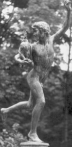 Falguière's Cockfight - weathered copy in a park, black and white Falguière's Cockfight - weathered copy in a park, black and white