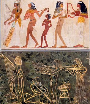 Comparison between Edward Onslow Ford - Applause - musicians on right of pedestal; and Ancient Egyptian tomb painting of musicians