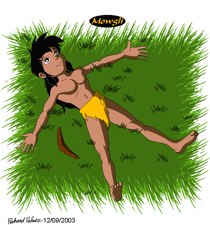 Mowgli lying in a grassy meadow - click for non-transparent version