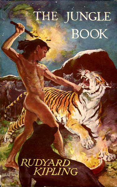 Jungle Book cover - Mowgli attacking Shere Khan by Stuart Tresilian