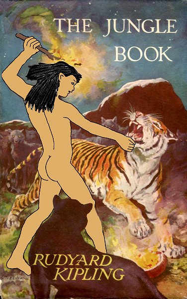 Variation on Jungle Book cover - Mowgli attacking Shere Khan by Stuart Tresilian as he might have originally appeared