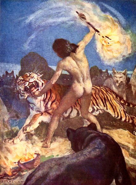 All the Mowgli Stories colour plate  - another view of Mowgli attacking Shere Khan by Stuart Tresilian