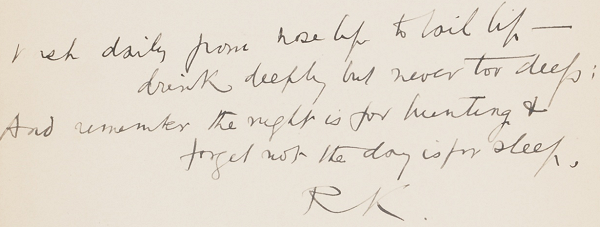 Verse from 'The Law of the Jungle'e - book inscription by Kipling