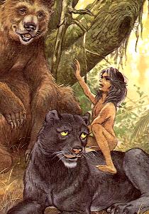 Baloo looks on bemused as Mowgli jumps up and down on Bagheera’s back