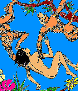 The monkeys carry Mowgli into the treetops The monkeys carry Mowgli into the treetops