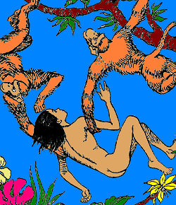 The monkeys carry Mowgli into the treetops