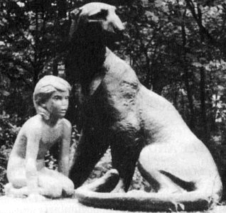 Statue of Mowgli, Priozersk, Russia - Front right, 1990s black and white view