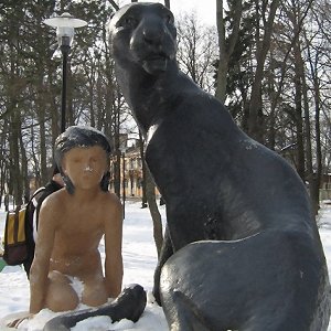 Statue of Mowgli, Priozersk, Russia - Front, snowy (including censorship snow!)