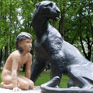 Statue of Mowgli, Priozersk, Russia - Front right, overcast, poor condition