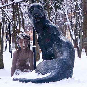 Statue of Mowgli, Priozersk, Russia - Front, snowy - another surprisingly cold day in the jungle