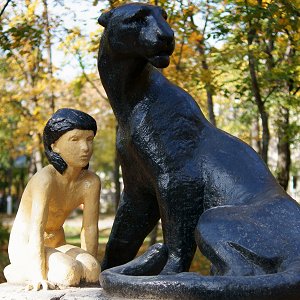 Statue of Mowgli, Priozersk, Russia - Front right, sunny, better condition after repainting