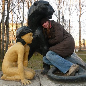Statue of Mowgli, Priozersk, Russia - Right, shaded from sun, good condition, with visitor