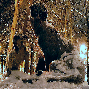 Statue of Mowgli, Priozersk, Russia - Front right, night, snowy - it gets pretty cold at night