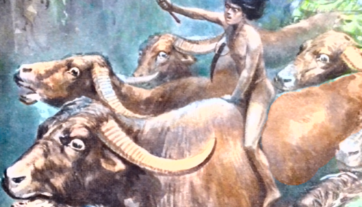Mowgli drives the buffalo toward Shere Khan