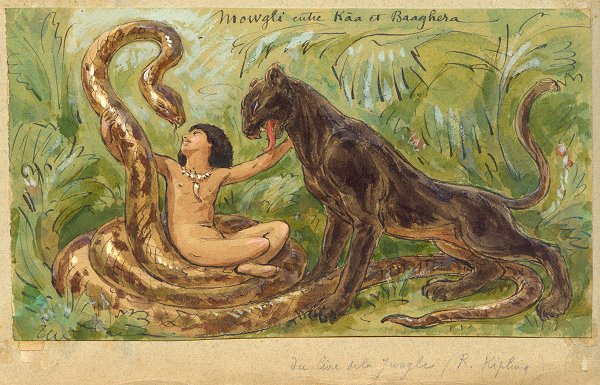 Watercolour: Mowgli with Kaa and Bagheera