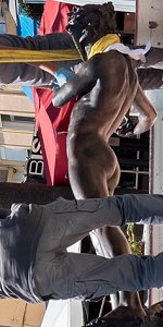 Flix Maurice Charpentier - L'Improvisateur (lifesize 2021 replica, Bandol, France, being lifted off of truck, rotated and enlarged detail)